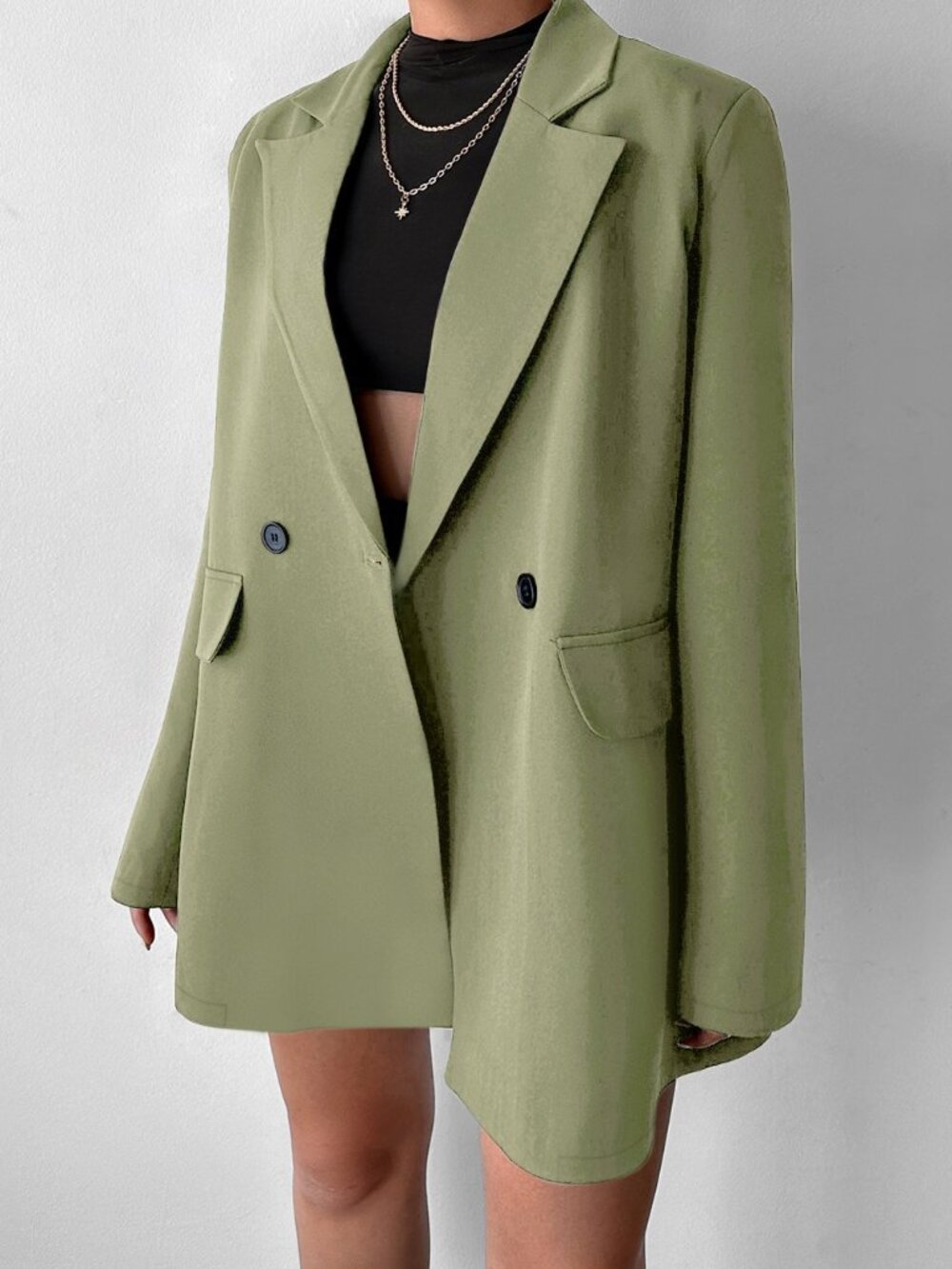 Army Green Casual Women's Oversized Padded Double-Breasted Blazer - Picture 5 of 5